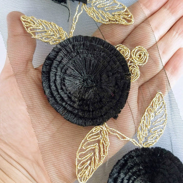 Black Net Lace Trim With Black Thread Flowers and Gold Leaves Embroidery, Approx. 95mm wide